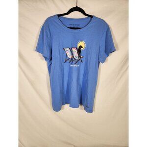 NWOT Life is Good Womens t-shirt Lt Blue Dog Looking at Sunset on Beach XL